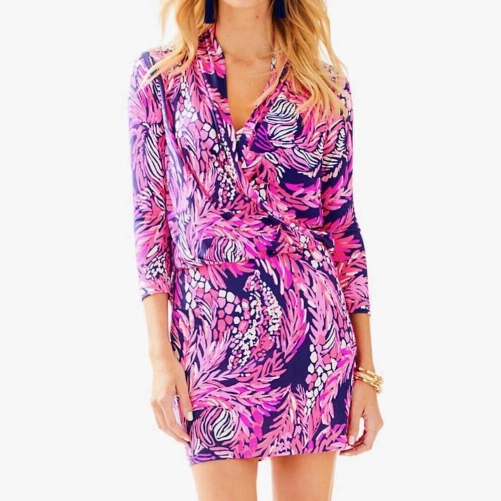 Lilly Pulitzer Pink Felizia 100% Silk Long Sleeve Printed Dress Medium